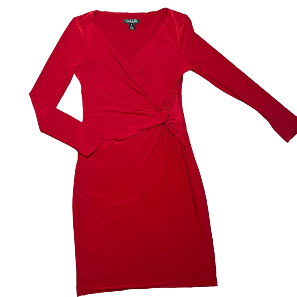 LRL Red Faux Wrap/ Rouched Dress V- Neck with Long Sleeves Knee Length Size 6